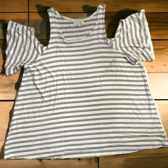 Red Camel Cold Shoulder Short Sleeve Blue and White Striped Top - Picture 3 of 9